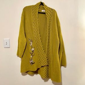 Chartreuse Open Cardigan with embroidery flowers